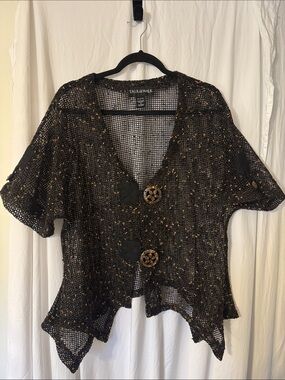 TALK OF THE WALK Black with Tan Thread Size Med, Open-Weave Cardigan Artsy! 🌺